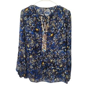 Kobi Halperin Silk Blend Beaded Embroidered Floral Blouse S Blue Cottage‎ Boho